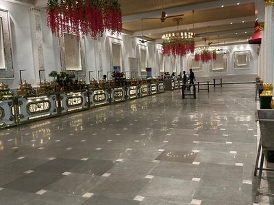 Spacious dining hall with polished floor at Dharam Vatika wedding venue, Sohna Gurgaon